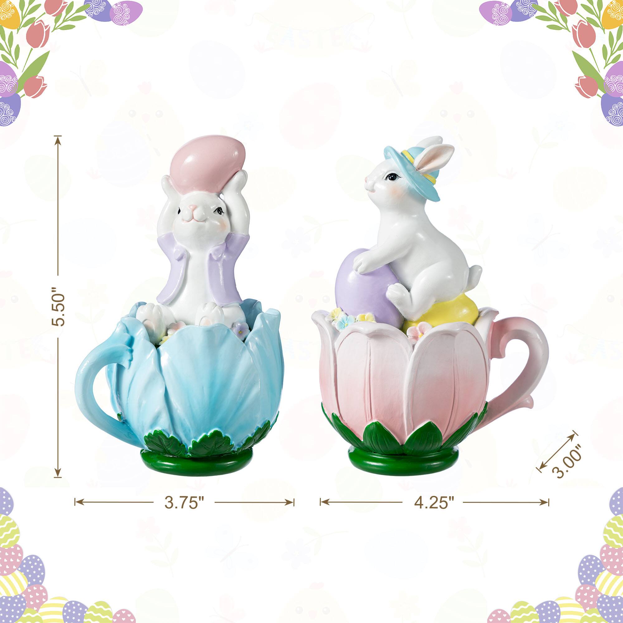 Glitzhome® Set of 2 Easter Resin Bunny on Tulip Mug Table Decor